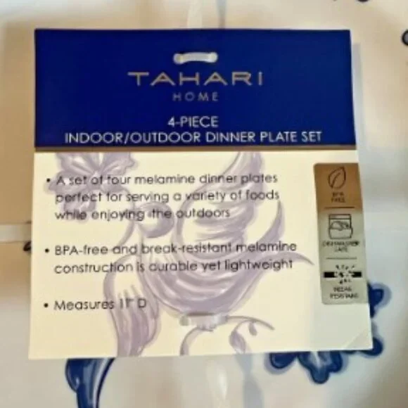 NEW Tahari Home Blue & White Set of 4 Floral / Bird Melamine Plates - Picture 3 of 3